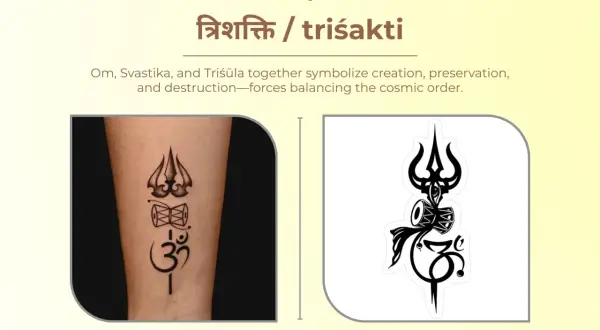 Tatuaje de trishula, damaru y Om, símbolos de energía positiva y equilibrio cósmico.