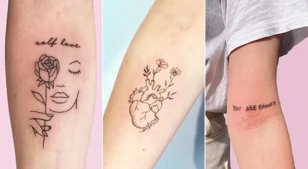 Tatuajes de fortaleza y amor propio: una rosa y rostro, un corazón con flores, y la frase "You ARE ENOUGH".