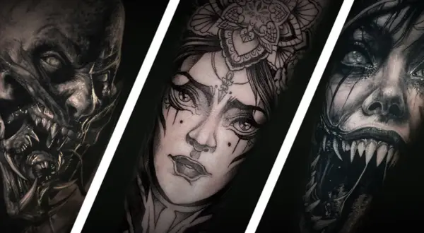 Tres impresionantes tatuajes neo japanese blackwork: un rostro demoníaco, una mujer con flores y una criatura aterradora.