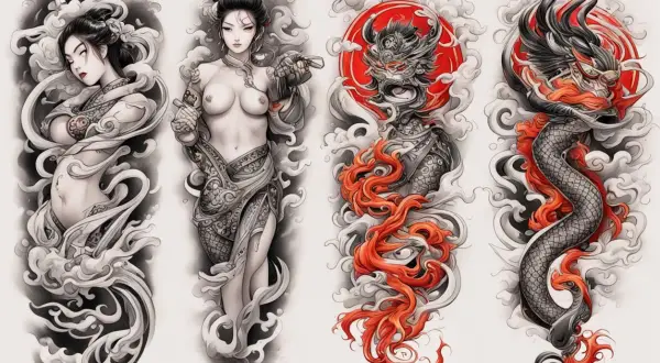 Diseños de tatuaje oriental: dos mujeres etéreas y un dragón feroz con un sol rojo.