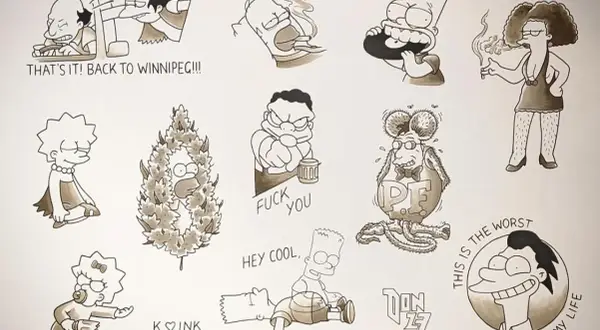 Diseños de tatuajes de Los Simpsons: Bart, Homer, Lisa y otros personajes icónicos en varias poses cómicas.
