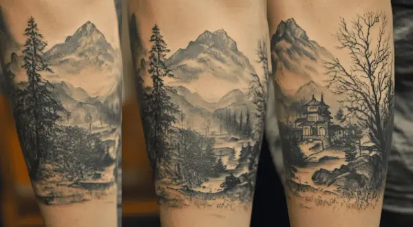 Tatuaje realista de paisaje montañoso con árboles y un templo asiático.