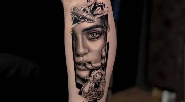 Tatuajes retratos realistas de una mujer con un platillo volador y un alienígena.