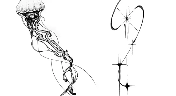 Medusa y estrellas en estilo avant garde tattoo.