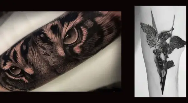Tatuajes de naturaleza: un ojo de tigre realista y un ángel con alas.