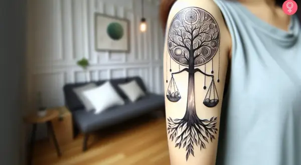 Tatuaje de árbol de la vida con balanza, simbolizando el equilibrio de la vida.