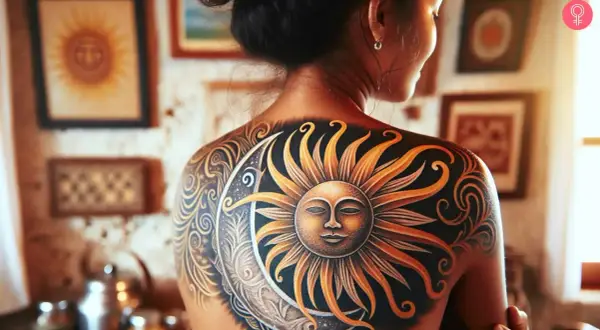 Tatuaje de sol y luna en la espalda, simbolizando el equilibrio y la energía vital. El sol, con su rostro sereno, representa el poder y la iluminación, un significado profundo para un tatuaje.