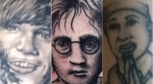 Tres retratos de tatuajes de fantasía: un joven sonriendo, Harry Potter con gafas y una persona rezando.