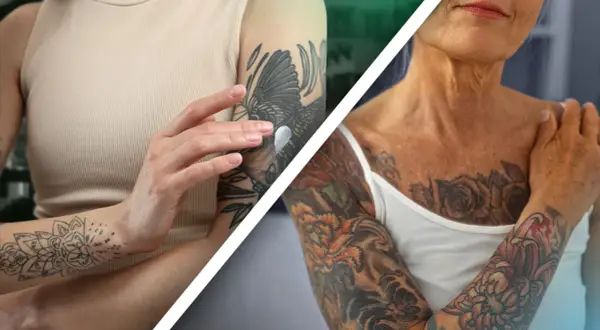 Manos con tatuajes, una aplicando crema, la otra mostrando arte corporal. Inspirado por Ryan Ashley Malarkey.