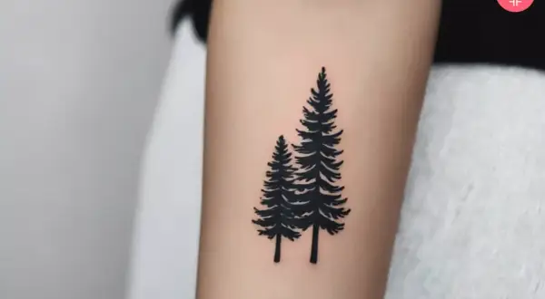Tatuaje de dos pinos negros en un brazo, simbolizando la fuerza y el crecimiento del bosque.
