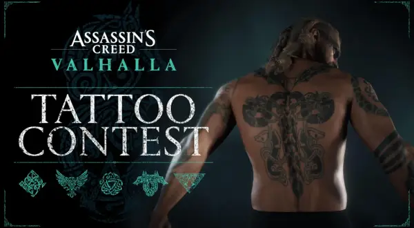 Un guerrero vikingo muestra su impresionante tatuaje en la espalda, un símbolo de fuerza y honor, en el concurso de tatuajes de Assassin's Creed Valhalla.