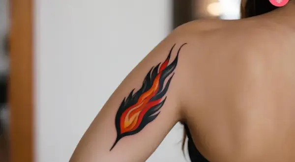 Tatuaje de fuego estilizado en el brazo de una persona.