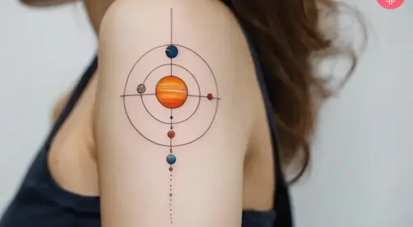 Tatuajes del sistema solar en el hombro, con el sol naranja en el centro y planetas coloridos orbitando.