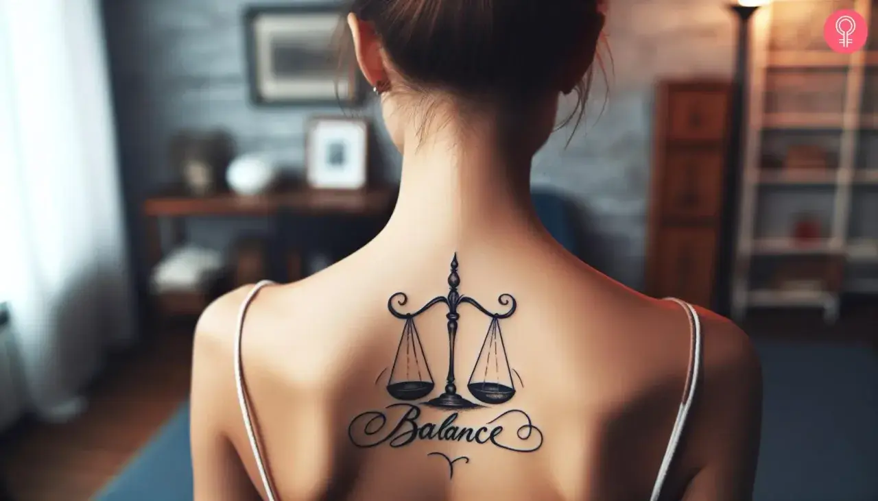 Tatuajes de balanza y equilibrio en la espalda de una mujer, simbolizando la armonía.