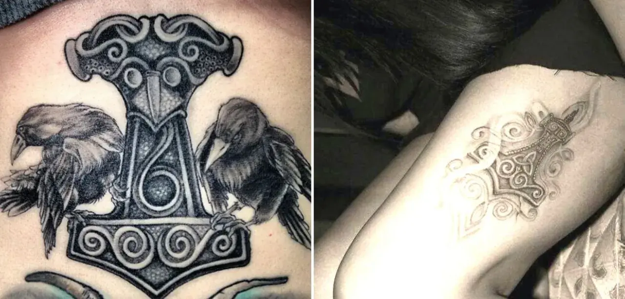 Tatuajes del martillo de Thor con cuervos y runas, simbolizando fuerza y protección. El martillo de Thor tatuaje significado es poder y valentía.