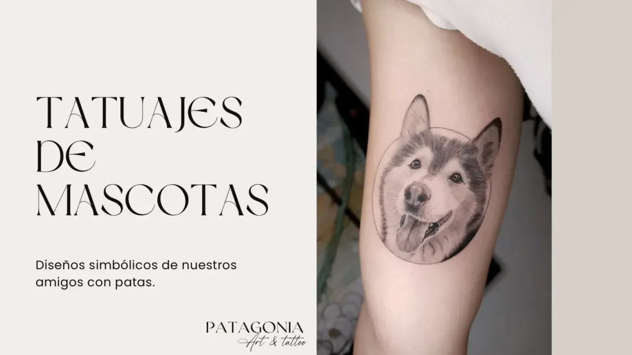 Un tatuaje de perro realista en un brazo, con el texto "Tatuajes de Mascotas" y "Patagonia Art & Tattoo".