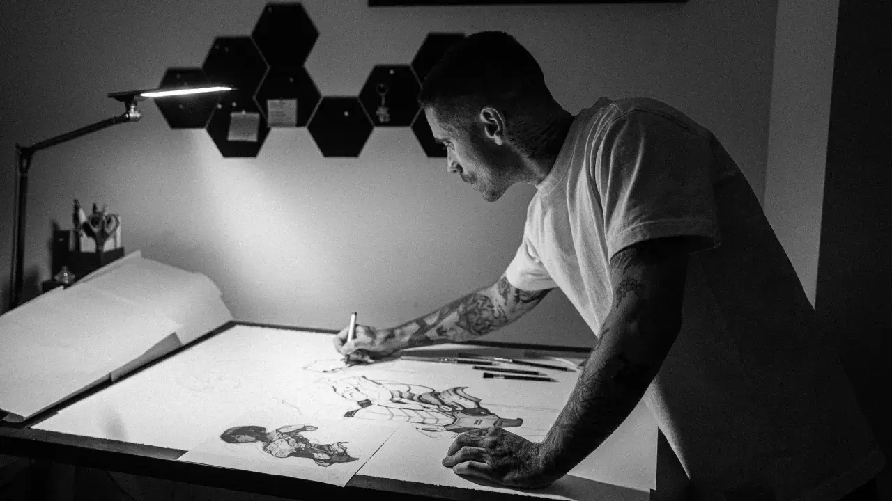 Víctor del Fueyo, artista con tatuajes, dibuja con concentración bajo una lámpara.