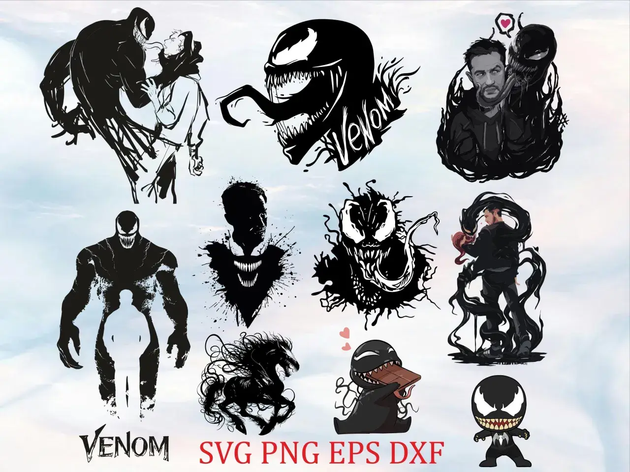 Colección de diseños de Venom, incluyendo siluetas, el personaje interactuando con Eddie Brock y un adorable Venom comiendo chocolate. Ideal para un tatuaje de Venom.