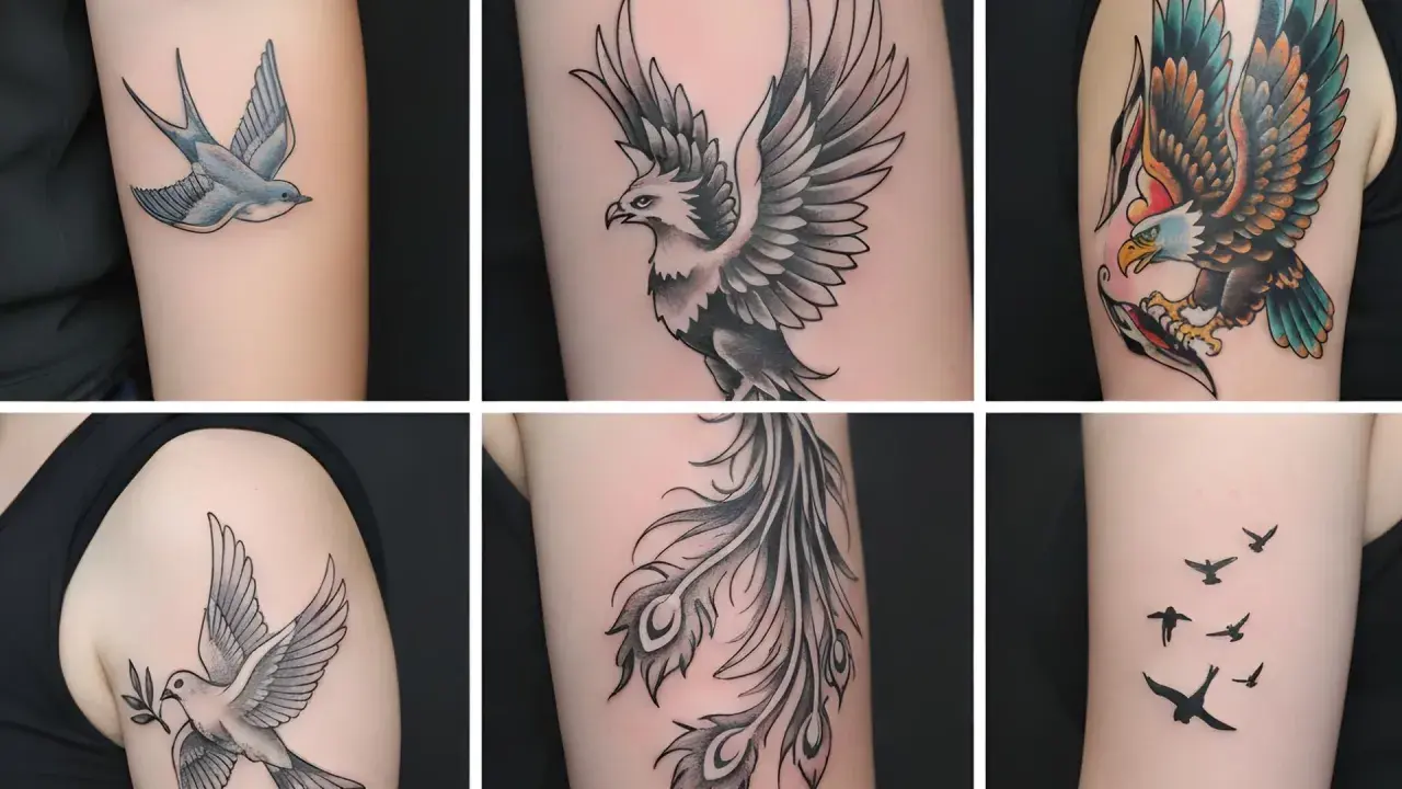 Tatuajes de aves: golondrina, fénix, águila, paloma, plumas y bandada. Cada uno representa diferentes tatuaje emociones.