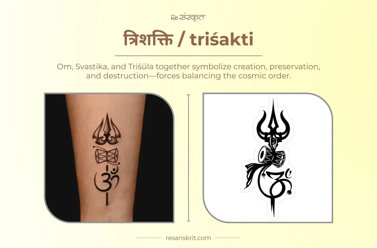 Tatuaje de trishula, damaru y Om, símbolos de energía positiva y equilibrio cósmico.