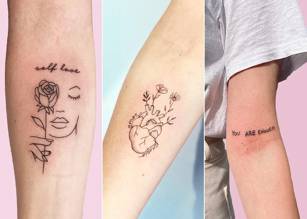 Tatuajes de fortaleza y amor propio: una rosa y rostro, un corazón con flores, y la frase "You ARE ENOUGH".