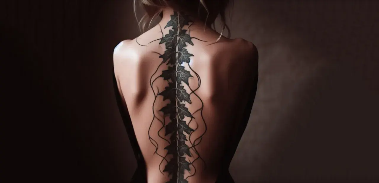 Tatuaje de enredadera con hojas en la columna vertebral de una mujer, evocando el significado elegante de los tatuajes de columna para mujer.