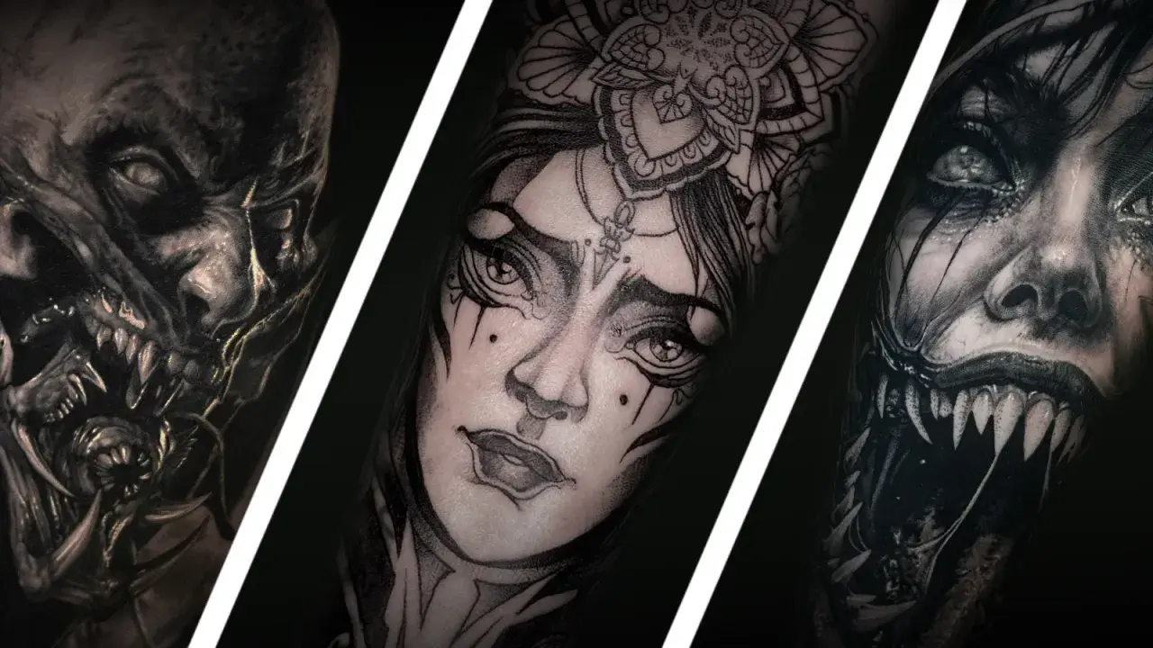 Tres impresionantes tatuajes neo japanese blackwork: un rostro demoníaco, una mujer con flores y una criatura aterradora.
