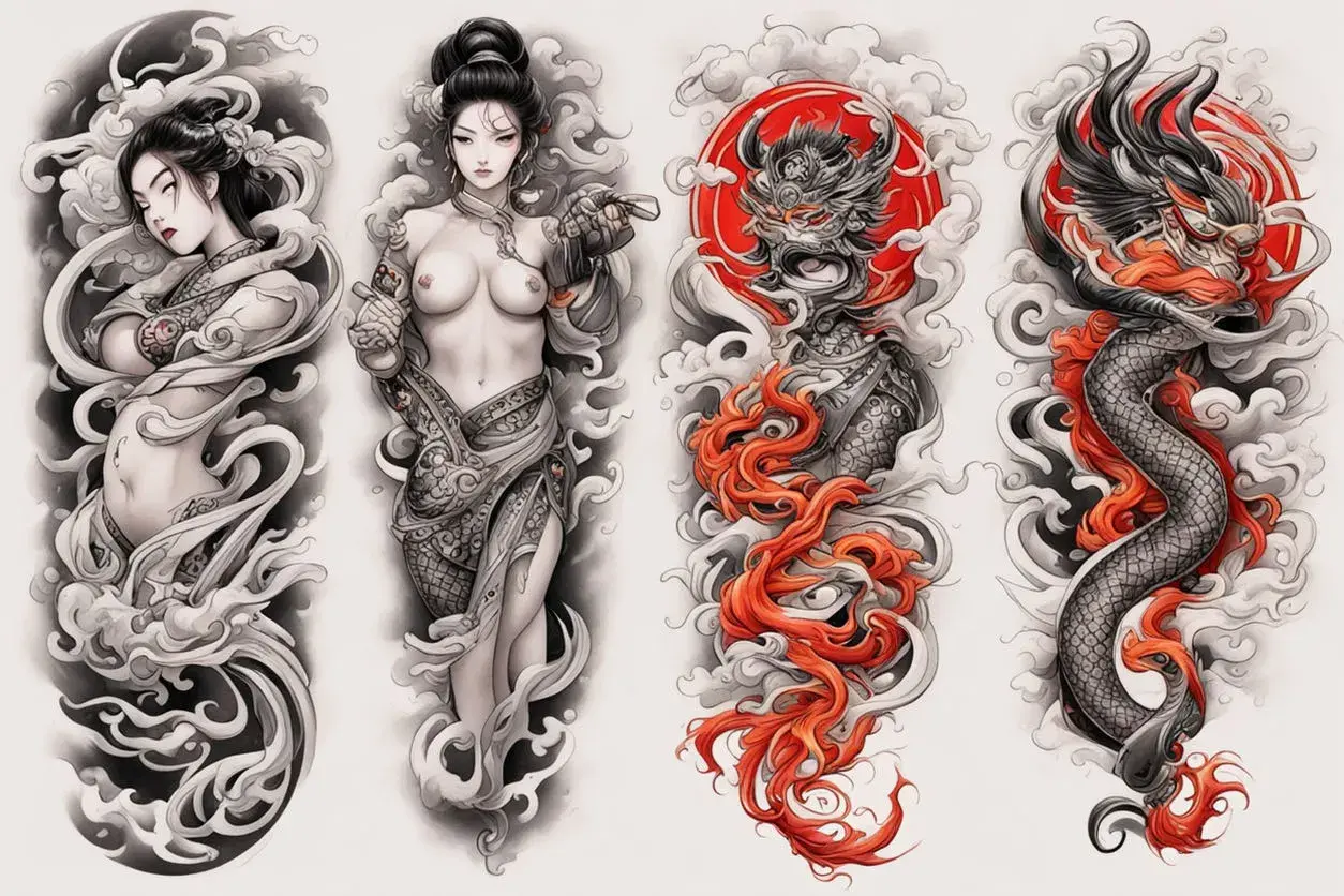Diseños de tatuaje oriental: dos mujeres etéreas y un dragón feroz con un sol rojo.