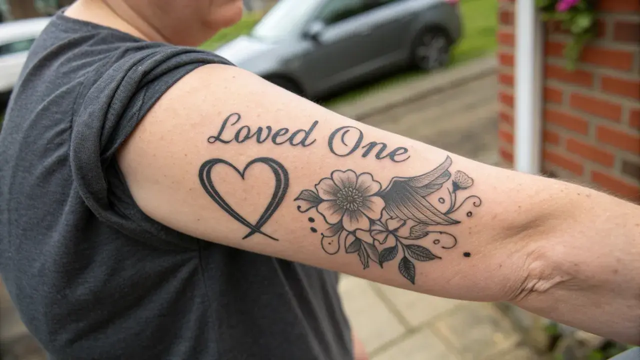 Tatuaje "Loved One" con un corazón, flores y un ala. Un recuerdo que hace que la persona sienta que su ser querido viva en Suecia.