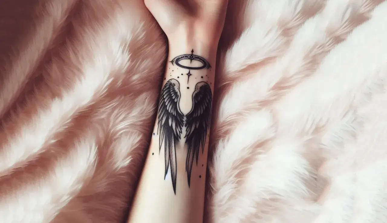 Un tattoo angel minimalista con alas y aureola en la muñeca, sobre un fondo de peluche rosa.