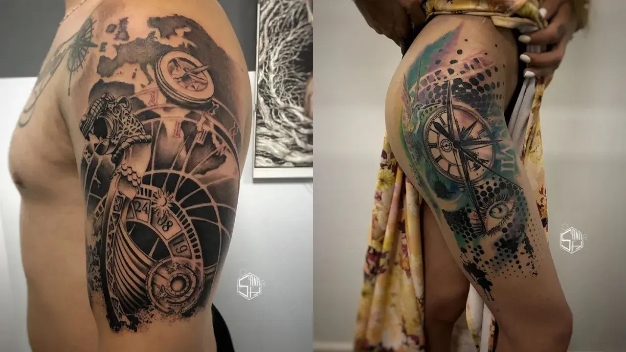 Tatuaje realismo en brazo y muslo con brújulas, mapas y un ojo.