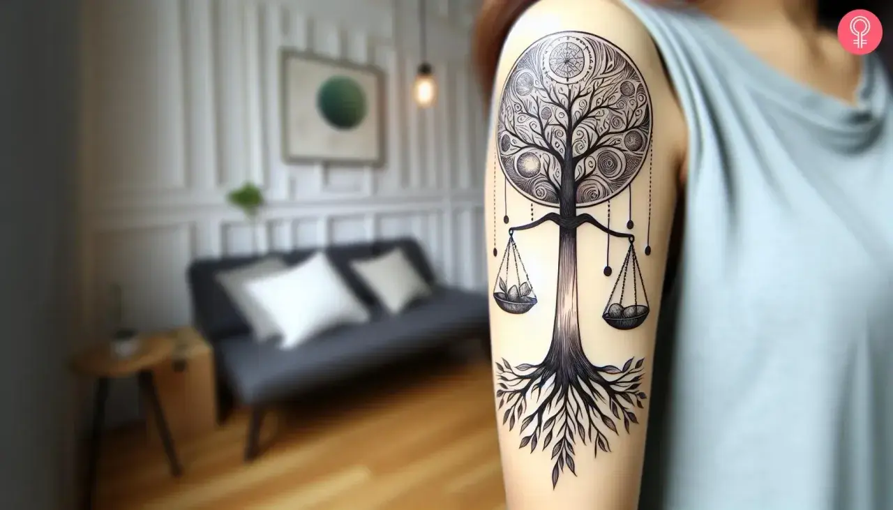 Tatuaje de árbol de la vida con balanza, simbolizando el equilibrio de la vida.
