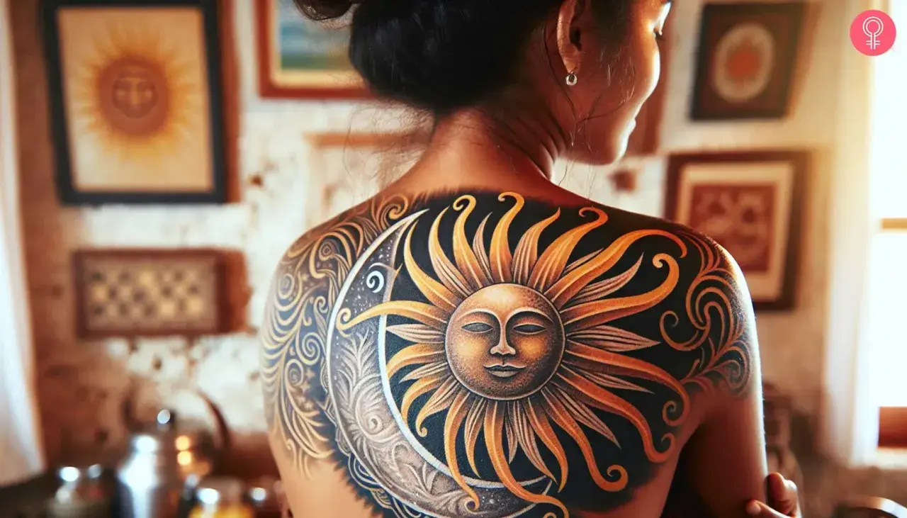 Tatuaje de sol y luna en la espalda, simbolizando el equilibrio y la energía vital. El sol, con su rostro sereno, representa el poder y la iluminación, un significado profundo para un tatuaje.