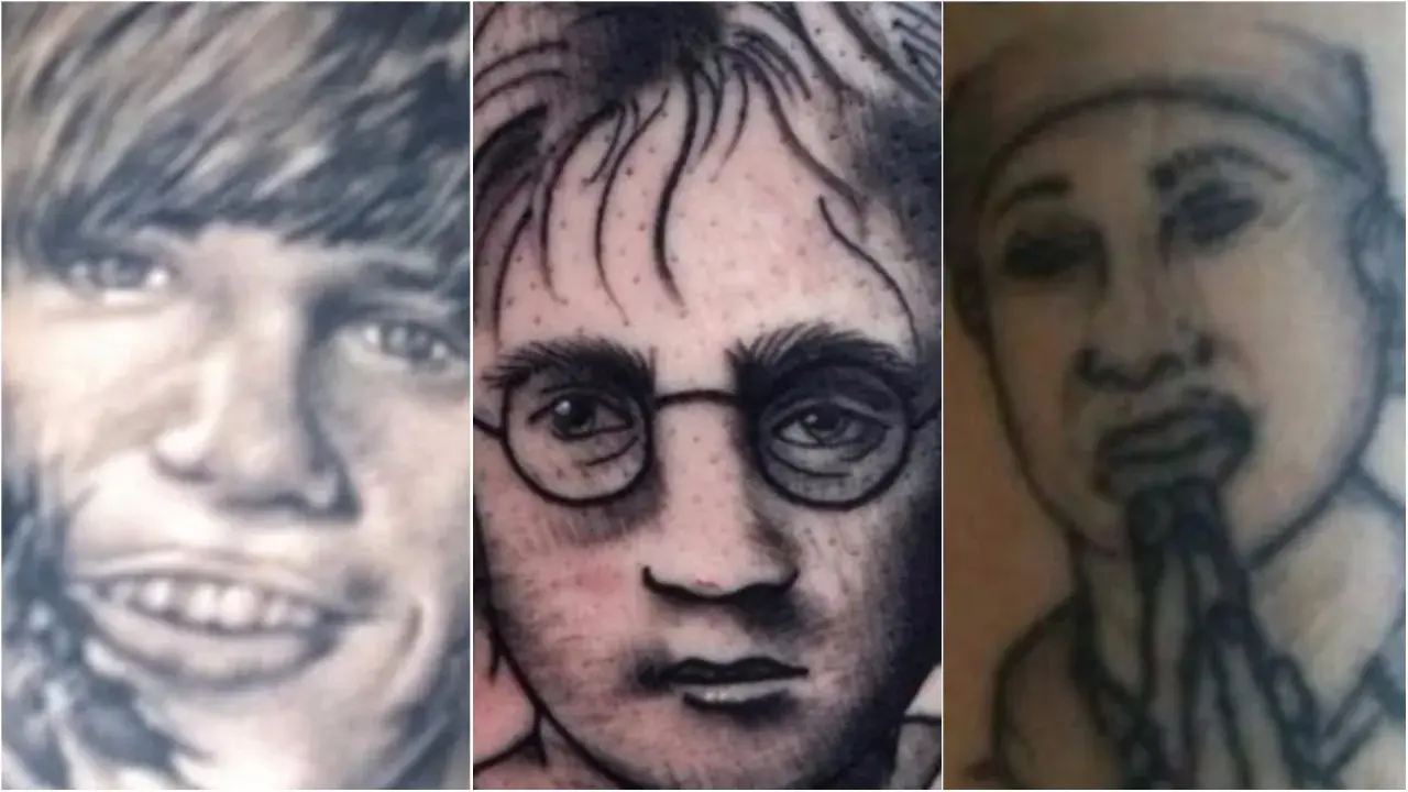 Tres retratos de tatuajes de fantasía: un joven sonriendo, Harry Potter con gafas y una persona rezando.