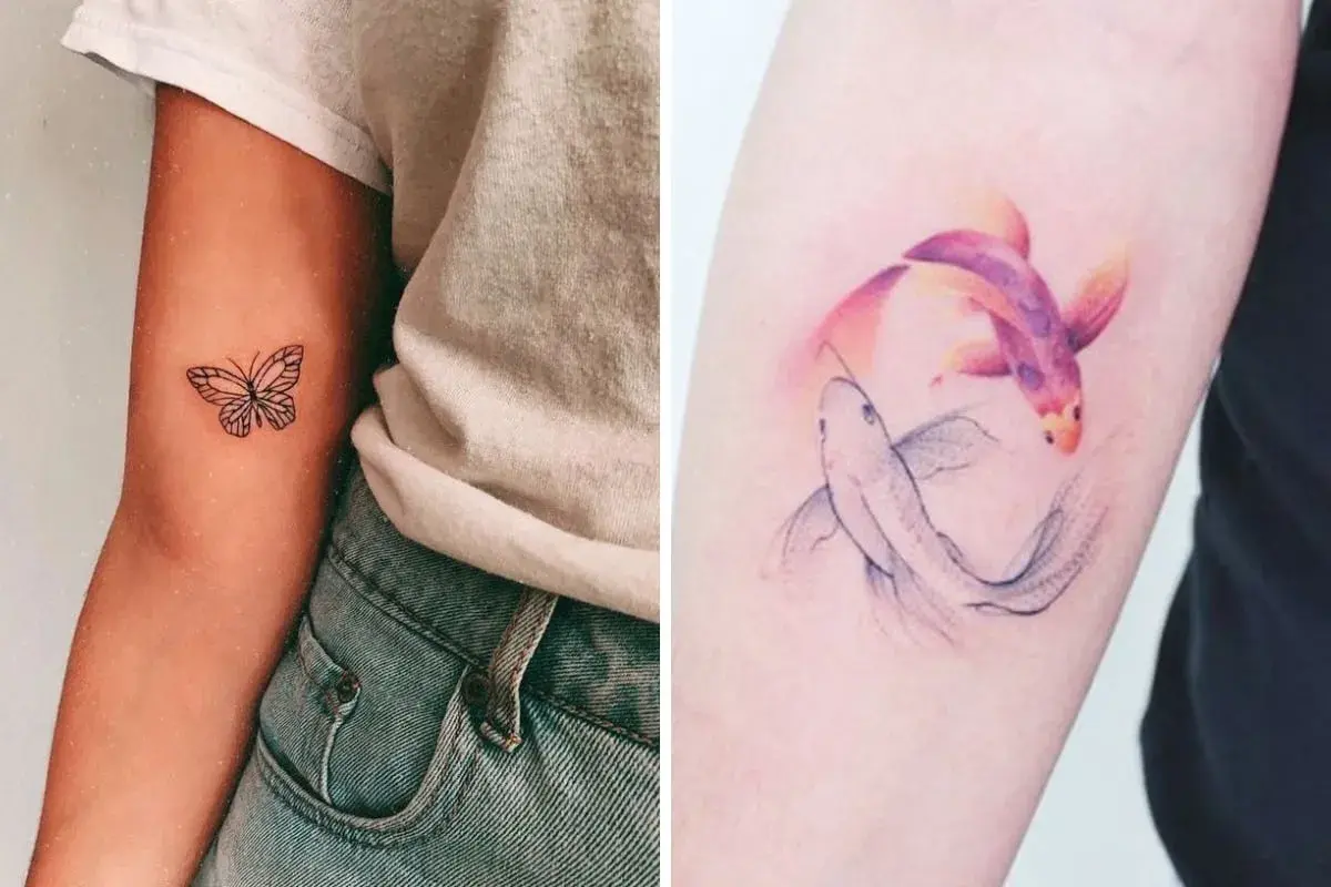 Mariposa y dos peces koi, símbolos de transformación y resiliencia, perfectos tatuajes de superación.