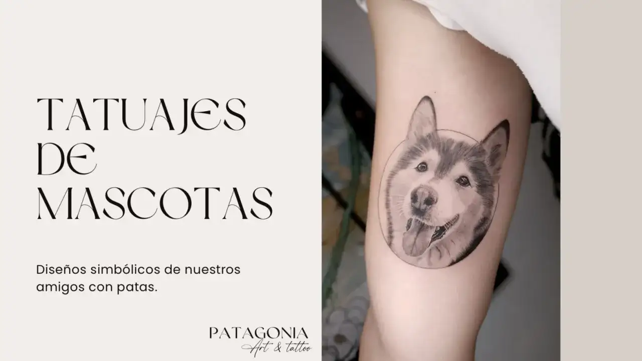 Un tatuaje de perro realista en un brazo, con el texto "Tatuajes de Mascotas" y "Patagonia Art & Tattoo".