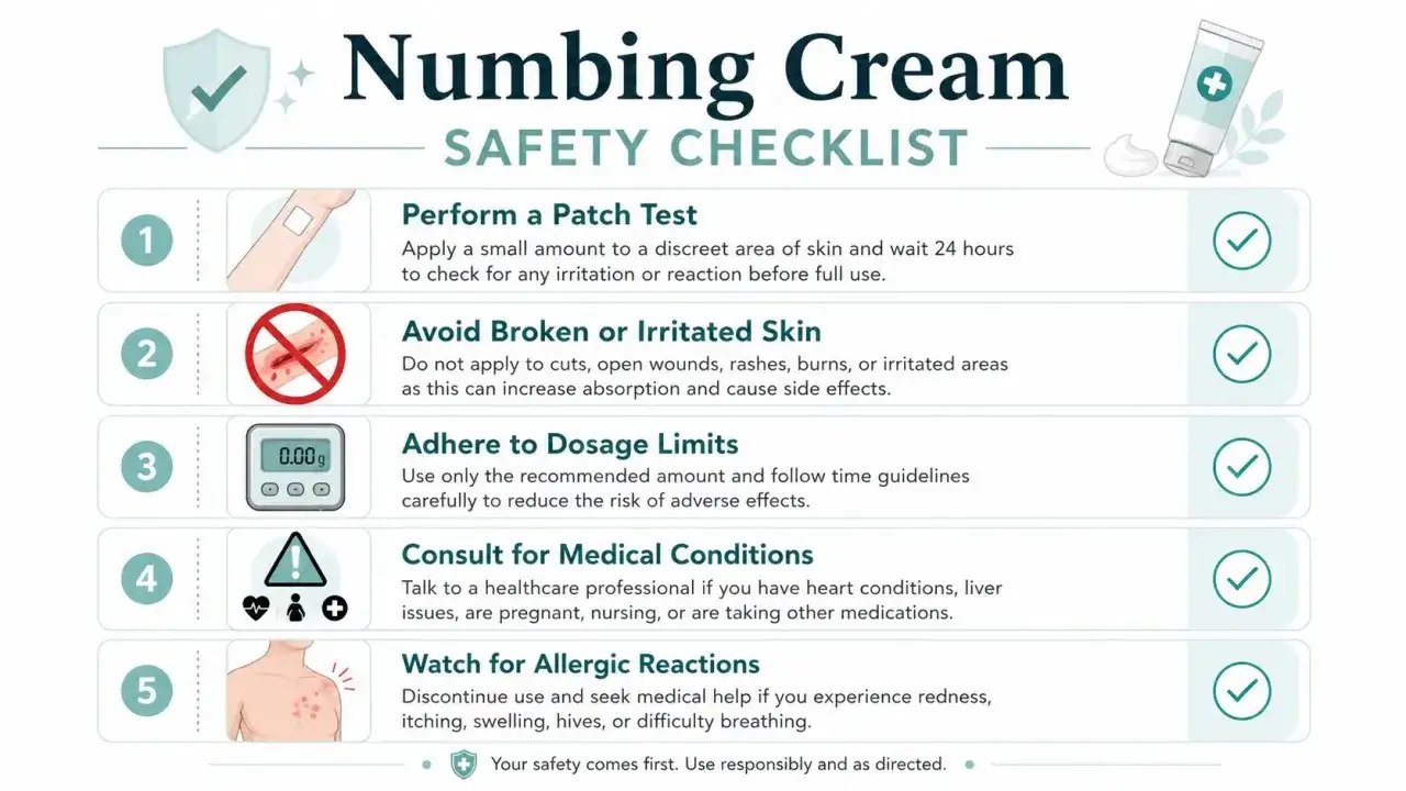 Lista de seguridad para crema anestésica para tatuajes: prueba de parche, evitar piel irritada, dosis correctas, consulta médica y vigilar reacciones.