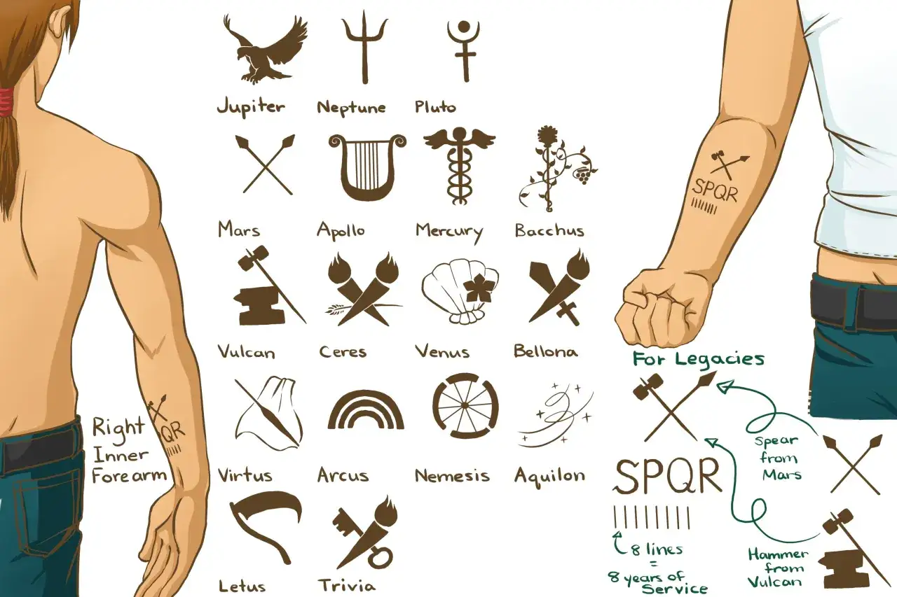 Un hombre muestra un tatuaje de Marte con dos lanzas cruzadas, símbolo de guerra y fuerza.