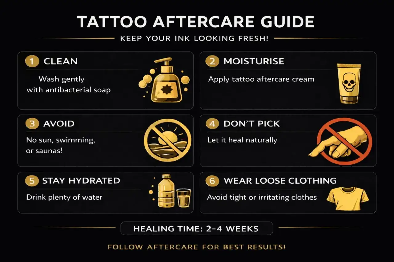 Guía de cuidados para tatuajes: aplica crema para tatuajes durante 2-4 semanas. Limpia, hidrata, evita el sol y no te rasques.