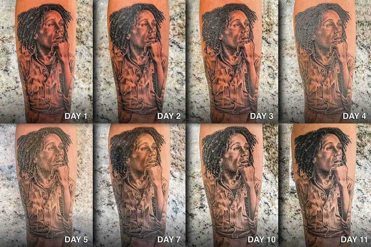 Evolución de un tatuaje de Bob Marley en seco, mostrando el proceso de curación día a día.