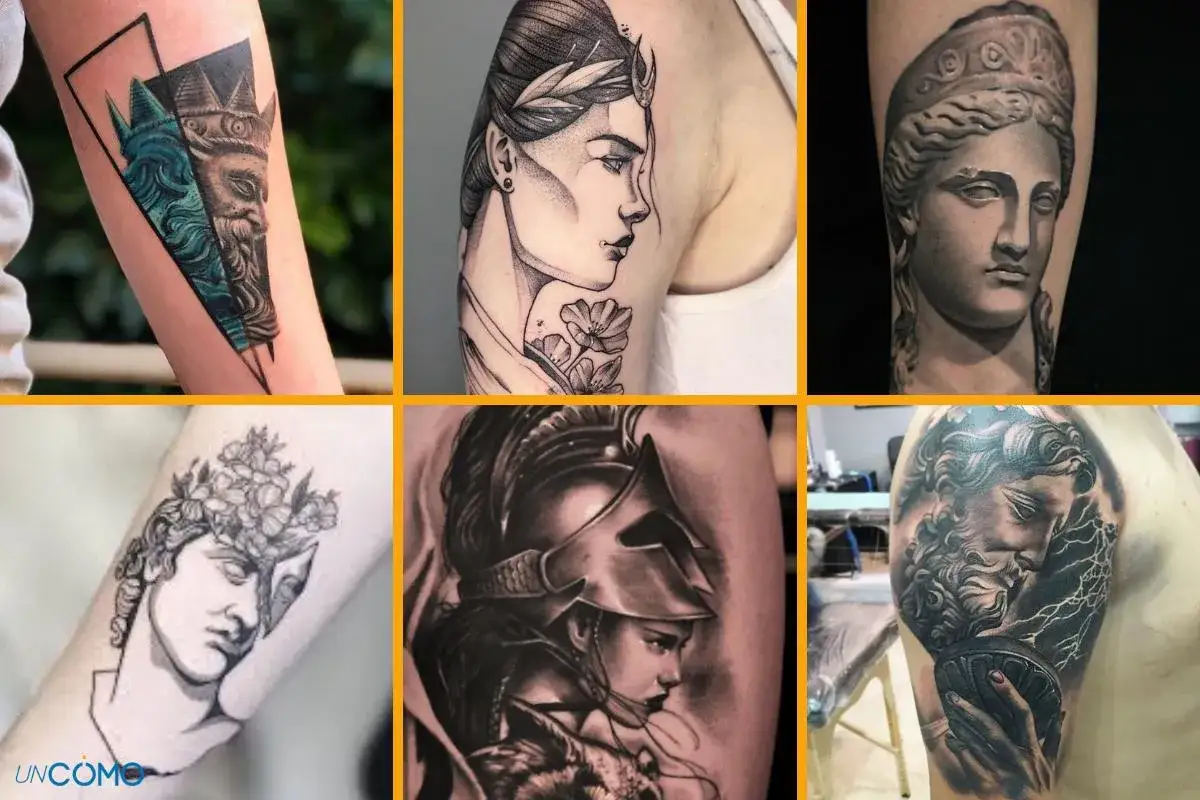 Tatuajes mitolog&iacute;a griega significado: rostros de dioses y guerreros, s&iacute;mbolos de poder y belleza en la piel.