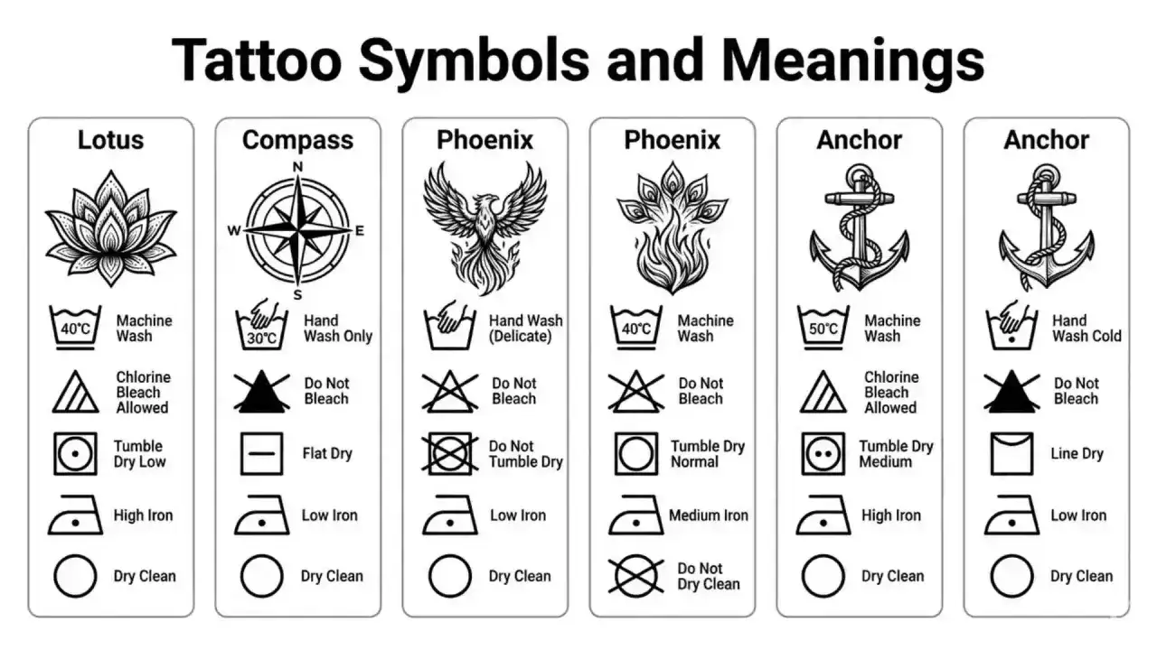 Símbolos de tatuajes y sus significados: loto, brújula, fénix y ancla, junto con instrucciones de cuidado.