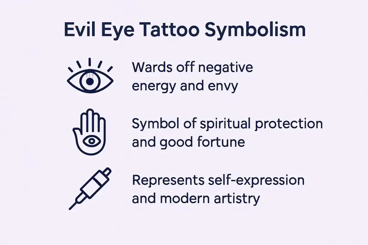 Tatuajes de protección contra el mal y su significado: el ojo que aleja la envidia, la mano que atrae la fortuna y la jeringa que simboliza el arte moderno.