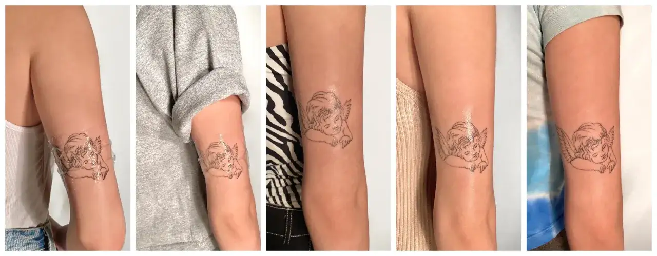 Mi tatuaje de querub&iacute;n se pela y pierde color. Muestra la evoluci&oacute;n de un tatuaje de querub&iacute;n en un brazo, desde reci&eacute;n hecho hasta su aspecto actual.