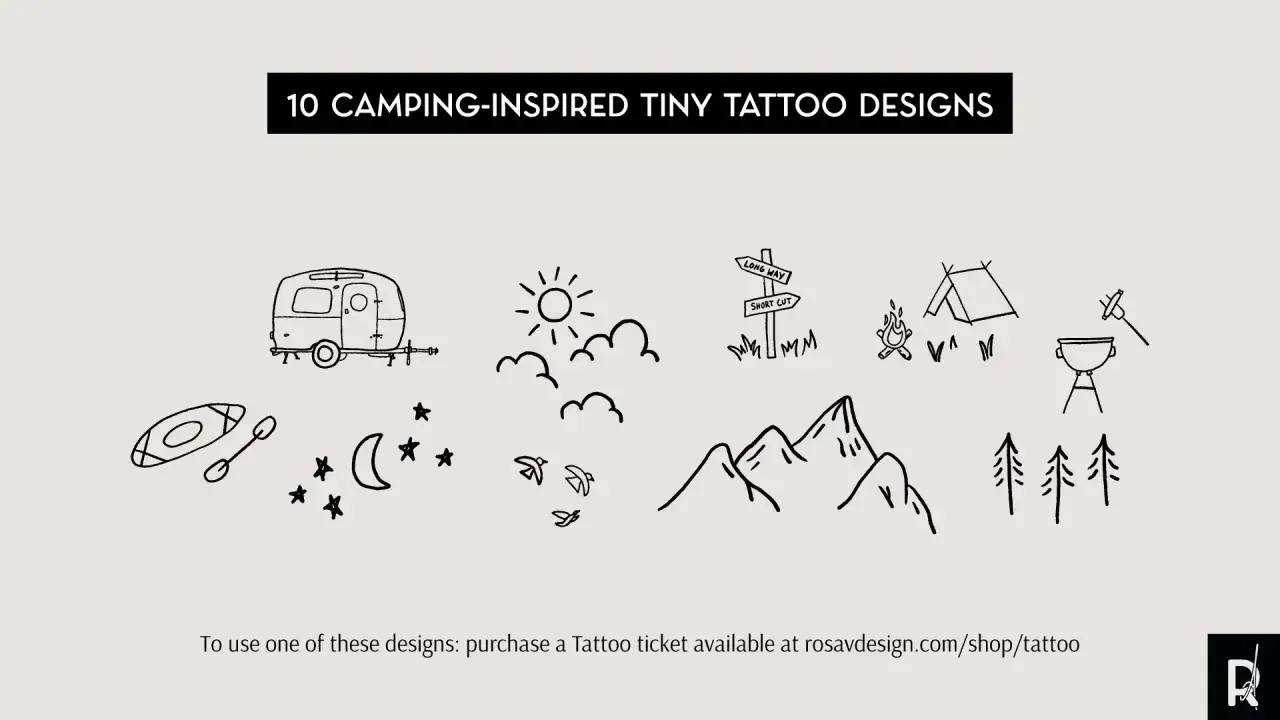 Diseños de tatuajes camper: caravana, kayak, luna, sol, montañas, tienda de campaña, fogata y barbacoa.