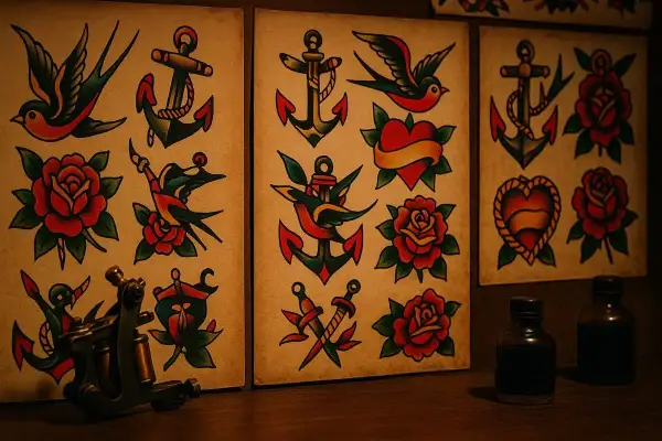 Diseños clásicos de tatuajes old school: anclas, rosas, corazones y golondrinas. Una máquina de tatuar y tintas completan la escena.
