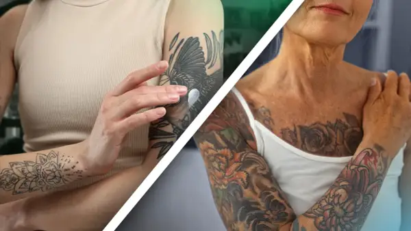 Brazos con tatuajes, uno con diseño chicano de ave y otro con flores vibrantes.