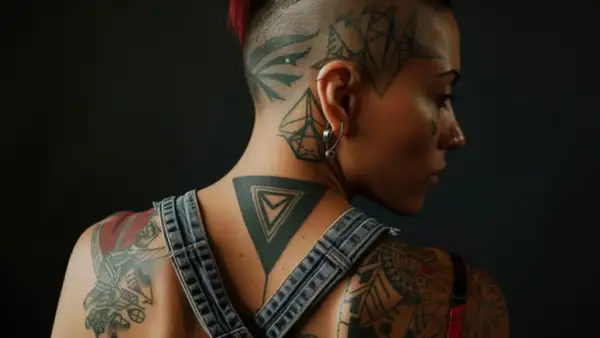 Mujer con un estilo único, mostrando su arte corporal con un impresionante **berlin tattoo** en la nuca y hombros.