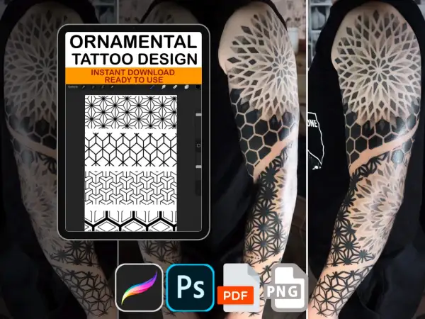 Diseños de tatuajes geométricos en un brazo, con patrones de hexágonos y estrellas. Incluye iconos de Procreate, Photoshop, PDF y PNG.