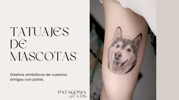 Un tatuaje de perro realista en un brazo, con el texto "Tatuajes de Mascotas" y "Patagonia Art & Tattoo".